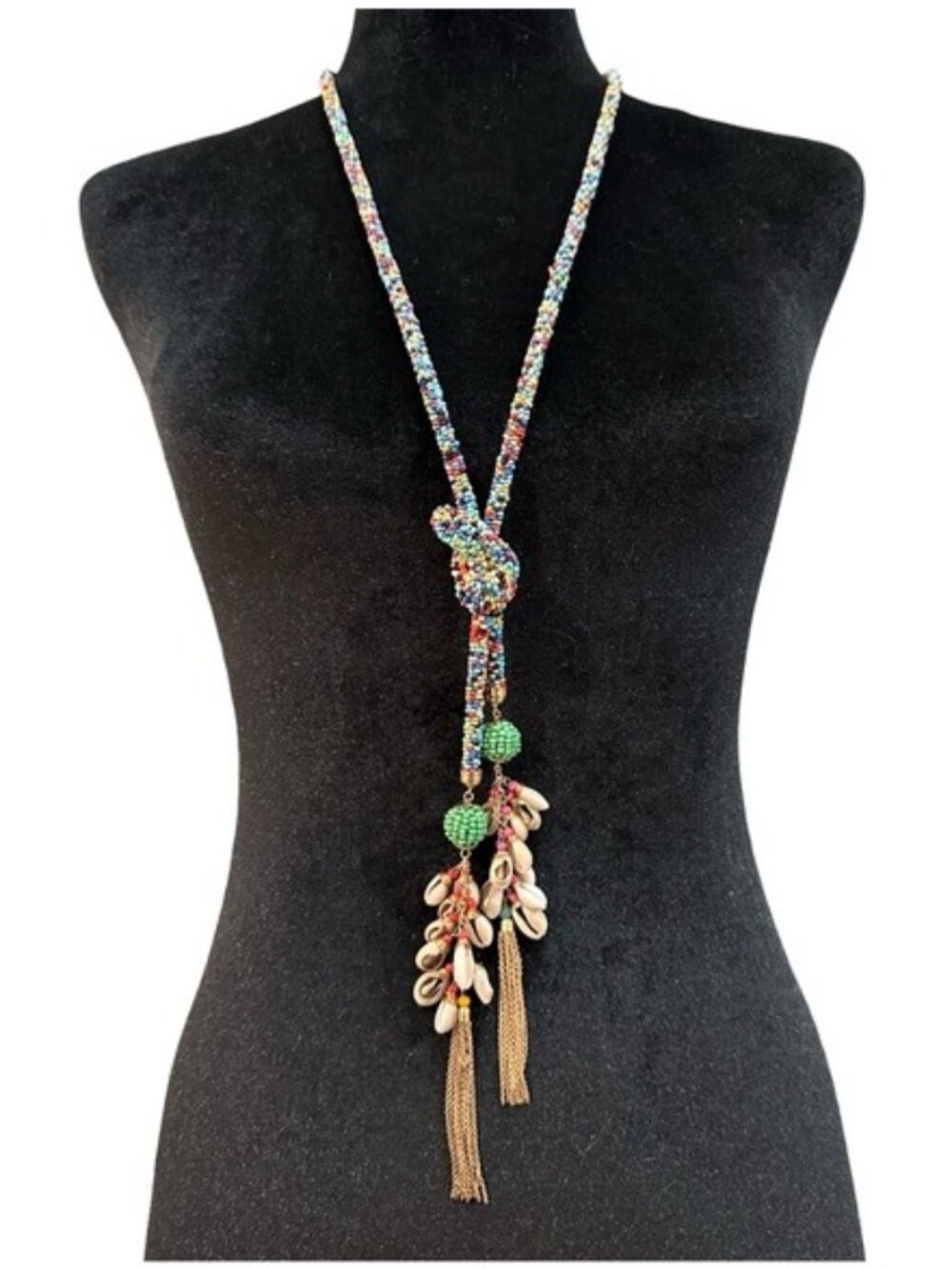 Handcrafted Beaded Necklace With Cowrie Shell Tassels  Gold Accents